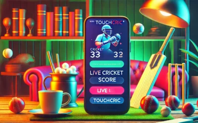 A digital display of a live cricket score on a mobile device, surrounded by cricket-themed items in a cozy setting. touchcric