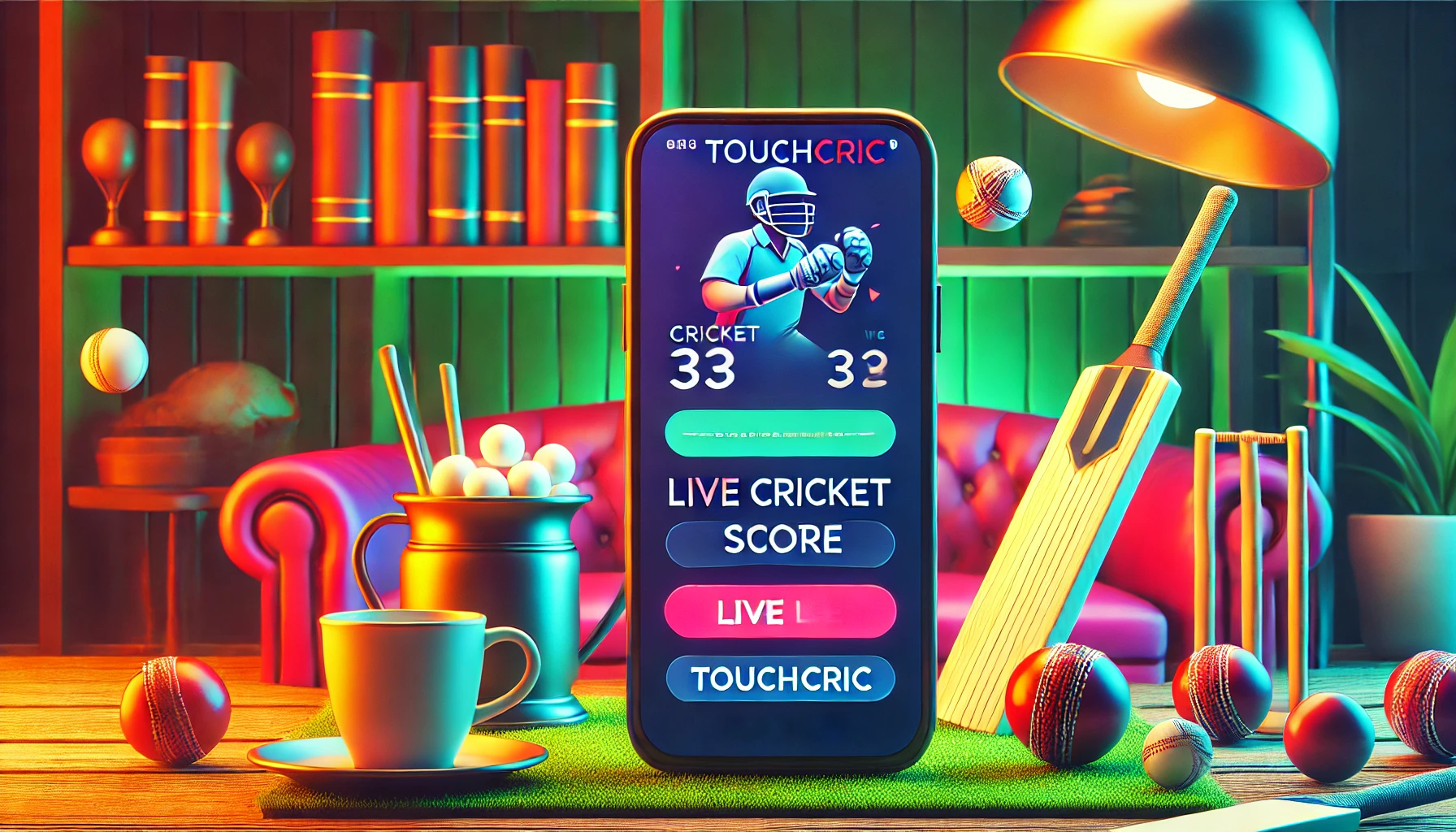 A digital display of a live cricket score on a mobile device, surrounded by cricket-themed items in a cozy setting. touchcric