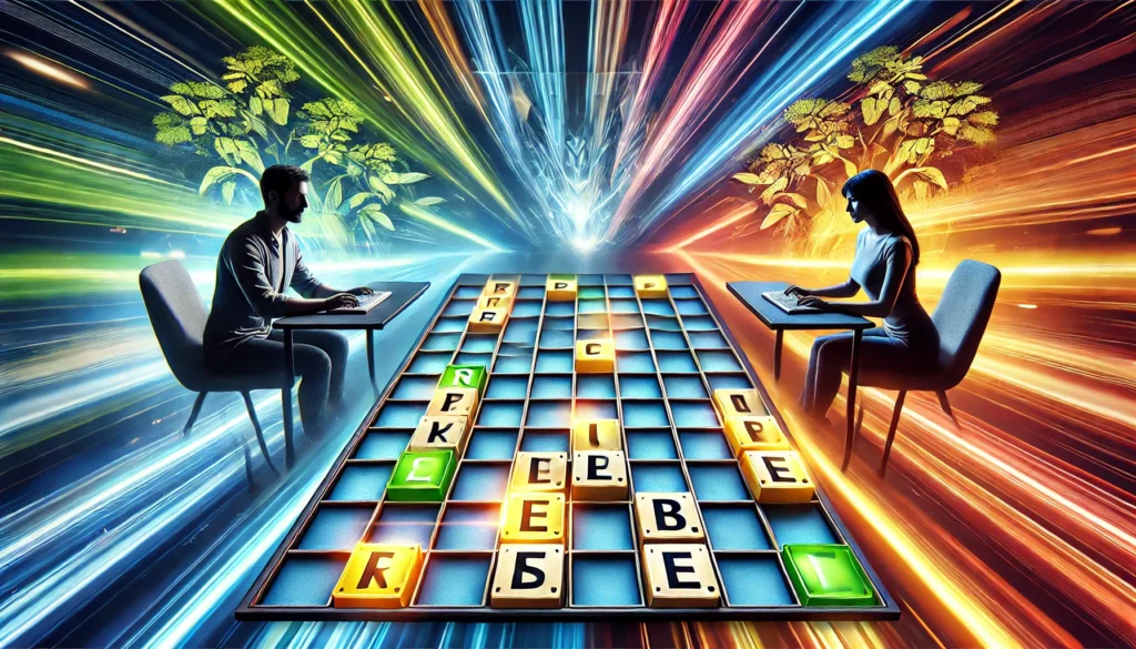 A dynamic scene showcasing two players engaged in a head-to-head word-guessing game on a digital platform, with a five-letter word grid displayed prominently. Victordle