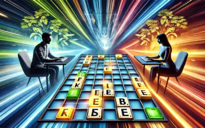 A dynamic scene showcasing two players engaged in a head-to-head word-guessing game on a digital platform, with a five-letter word grid displayed prominently. Victordle