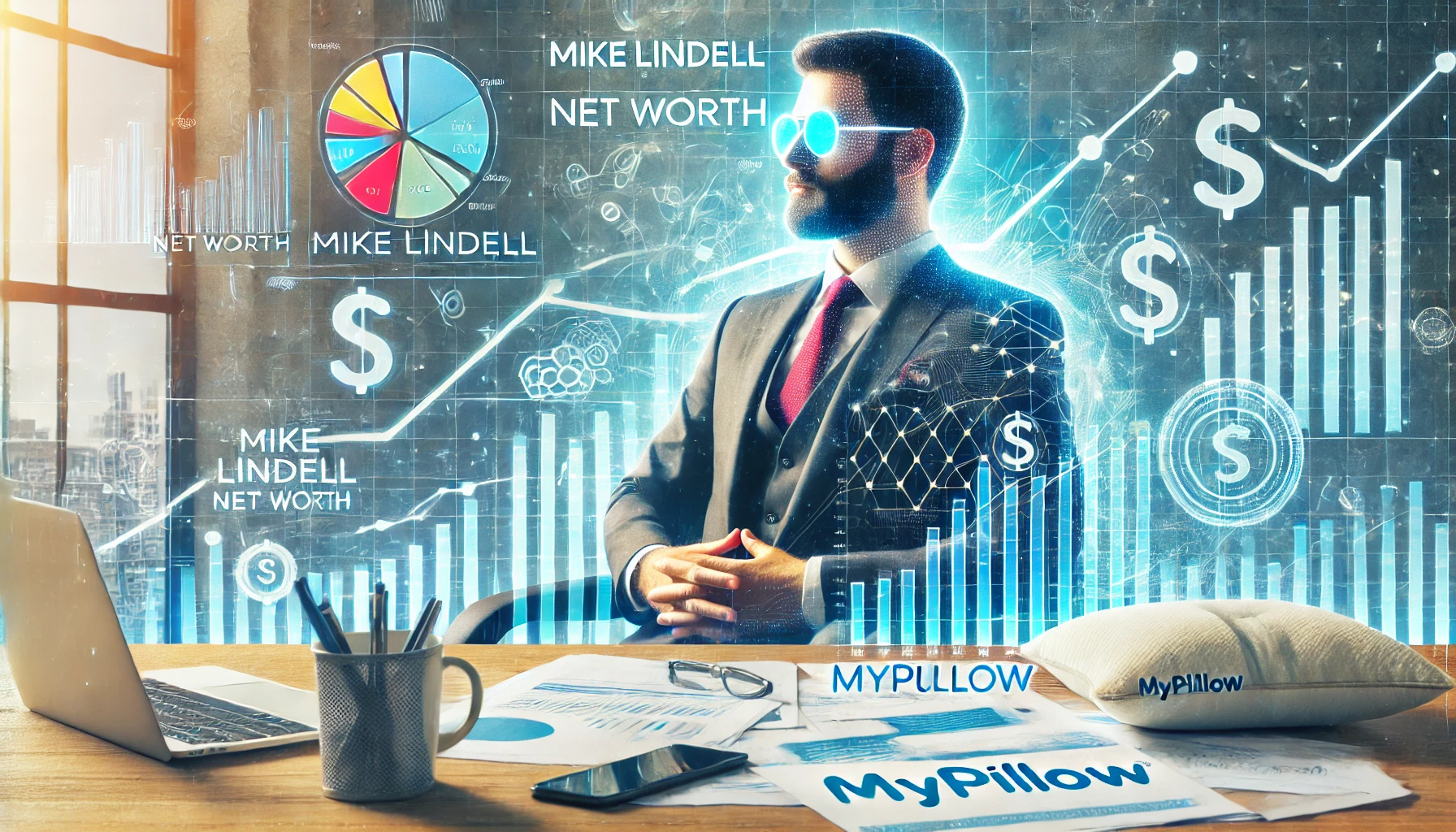 A visual representation of Mike Lindell net worth with financial graphs and business elements.