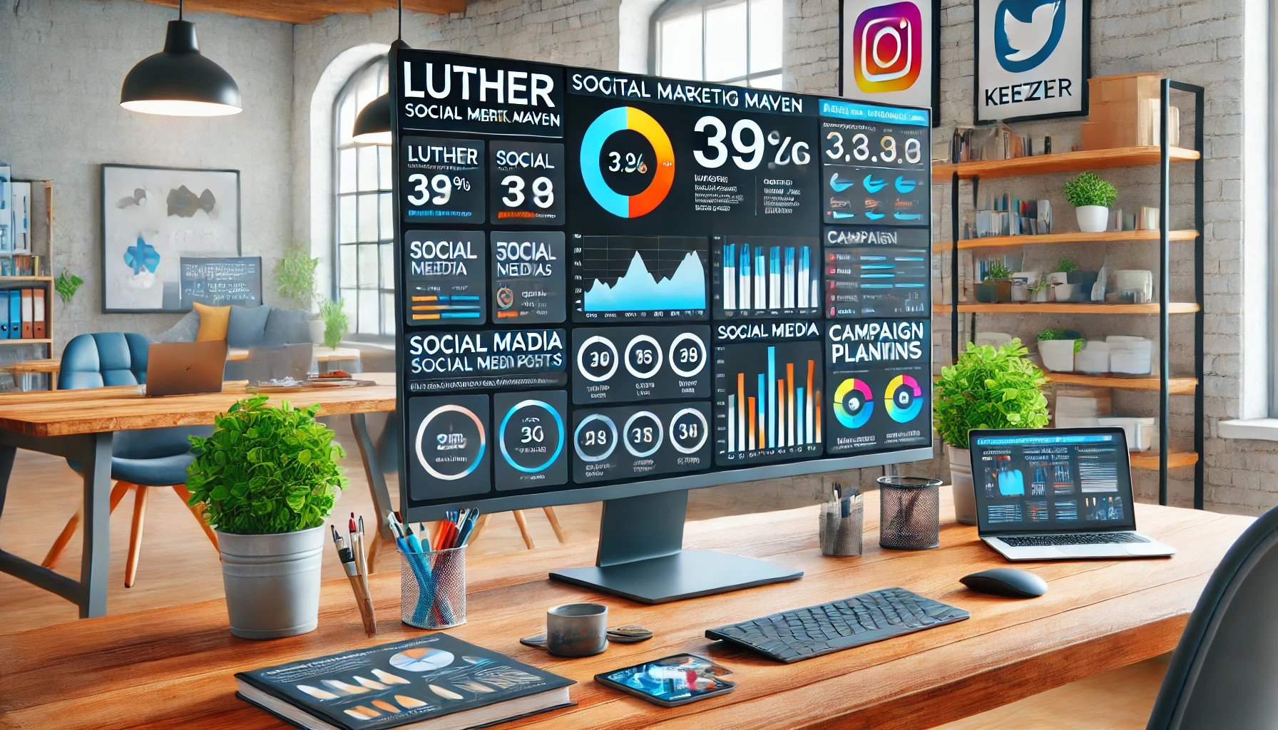 Luther Social Media Maven Keezy.co platform showcasing digital marketing analytics and creative campaign planning.