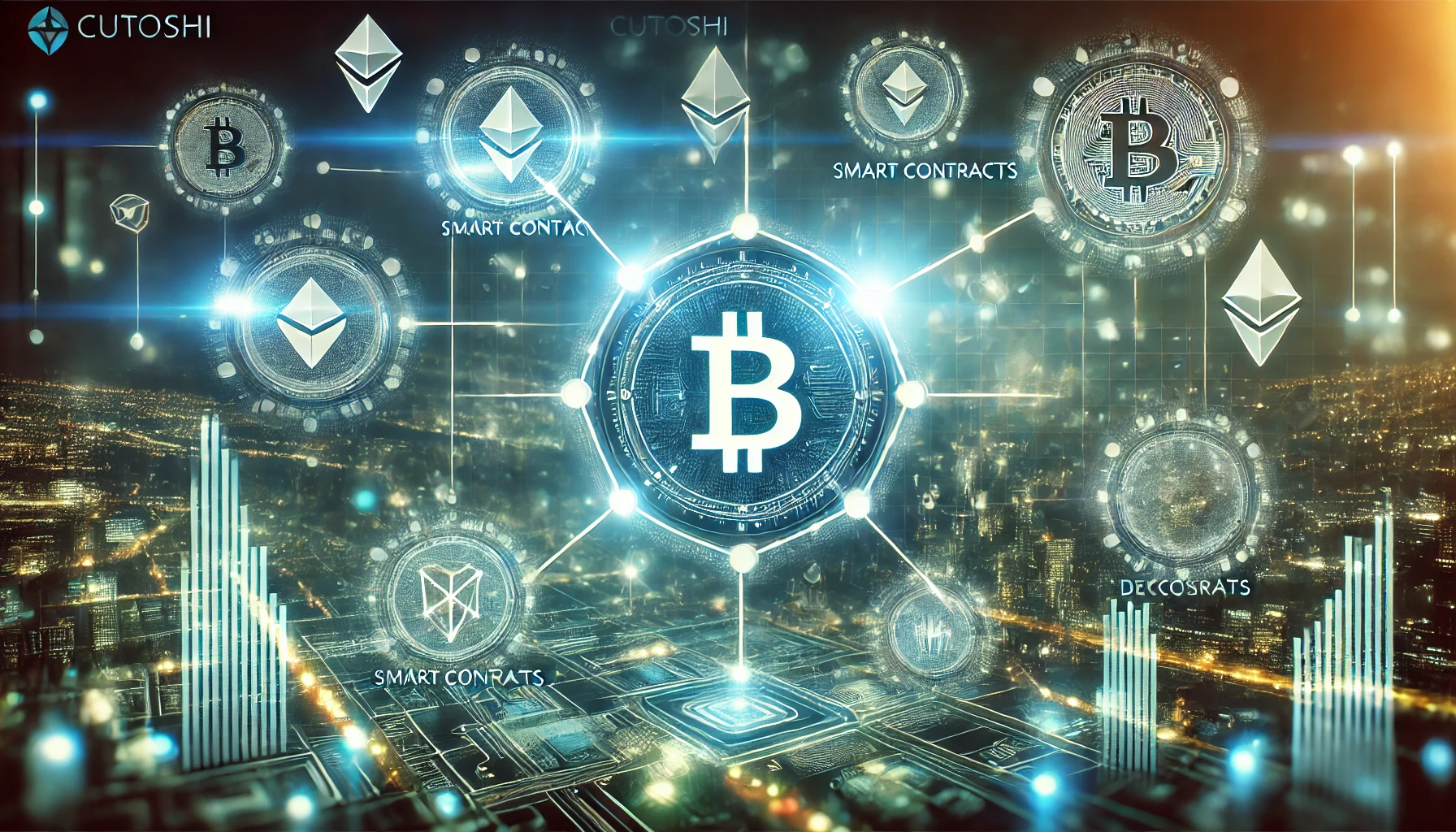 A visual representation of Cutoshi technology with blockchain nodes, digital interfaces, and futuristic elements