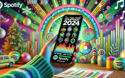 A smartphone displaying SpotifyWrapped2024 analytics with charts and colorful visuals, symbolizing music engagement.