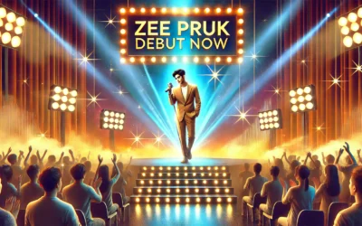 A stage with Zee Pruk standing confidently under spotlights, surrounded by an electrified crowd and a celebratory atmosphere.