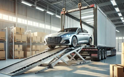 A sleek car being loaded onto a vehicle shipping truck.