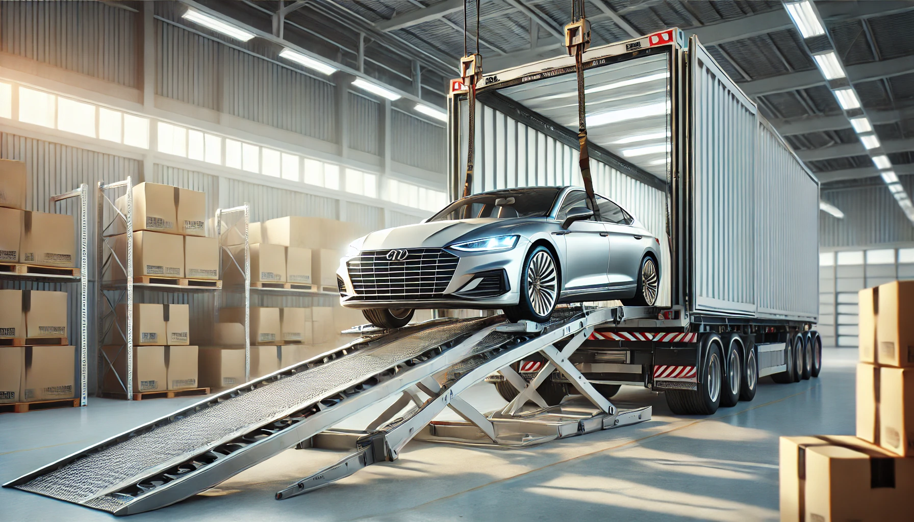 A sleek car being loaded onto a vehicle shipping truck.