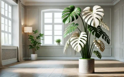 A beautiful Monstera Albo plant with white and green variegated leaves in a modern indoor setting.