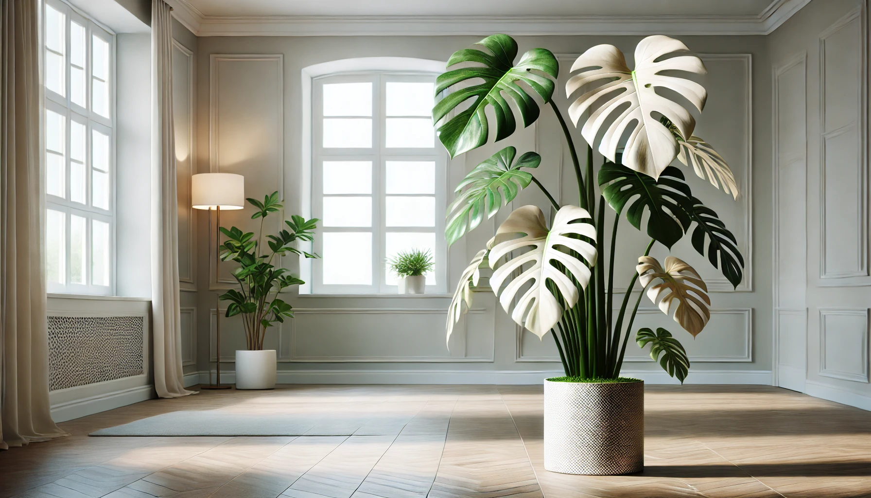 A beautiful Monstera Albo plant with white and green variegated leaves in a modern indoor setting.