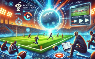 A graphic showing football players in action with a streaming interface representing football Reddit streams.