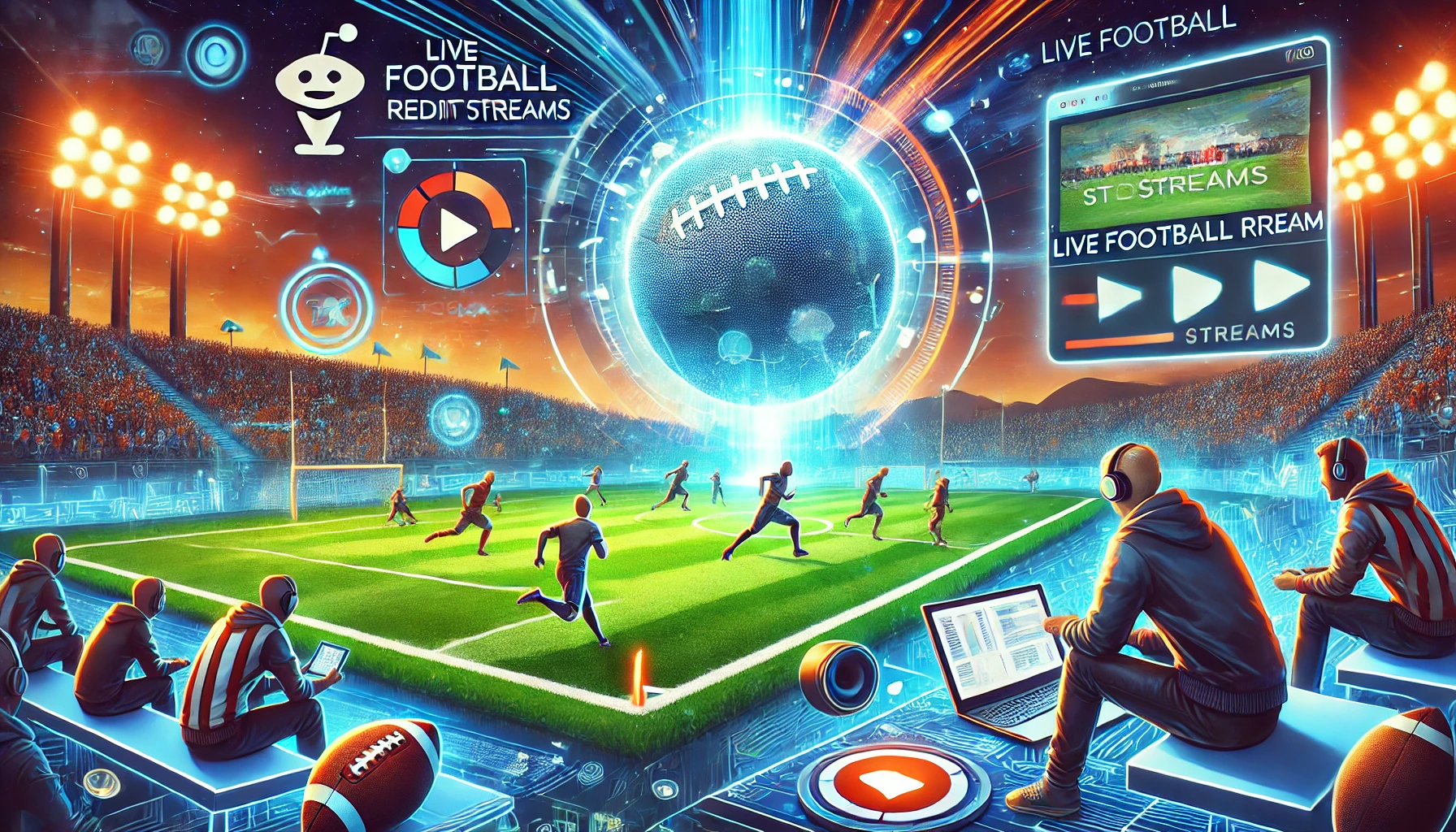 A graphic showing football players in action with a streaming interface representing football Reddit streams.