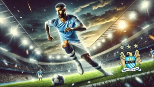 A football-themed image featuring Kyle Walker in action on the field, symbolizing his role at Manchester City.