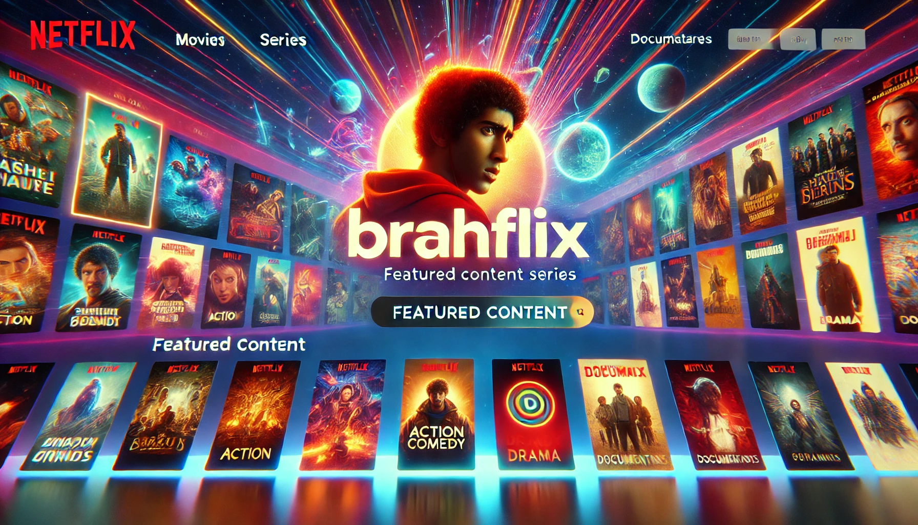 The Brahflix homepage showcasing its diverse catalog of movies, series, and documentaries.