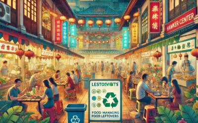 A vibrant Chinatown hawker center with leftovers and patrons, showcasing food consumption and sustainability concepts.