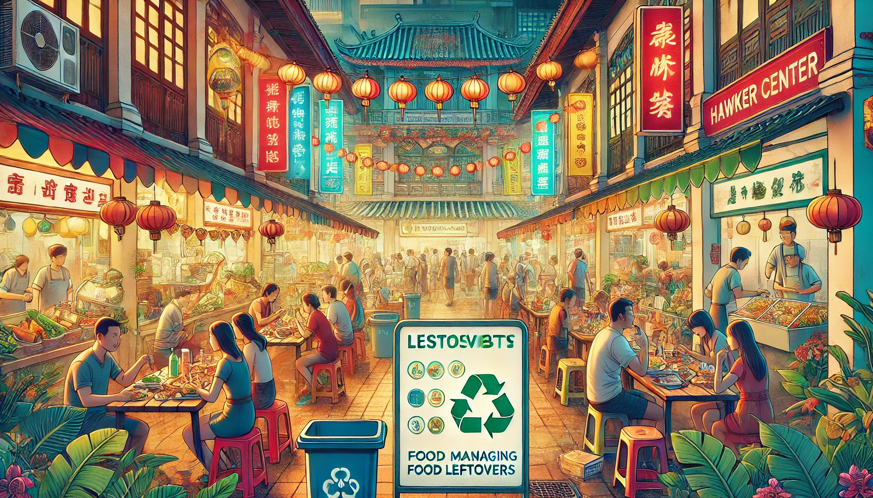 A vibrant Chinatown hawker center with leftovers and patrons, showcasing food consumption and sustainability concepts.