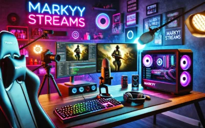 A streamer setup featuring Markyystreams branding, including gaming equipment and a live streaming screen.