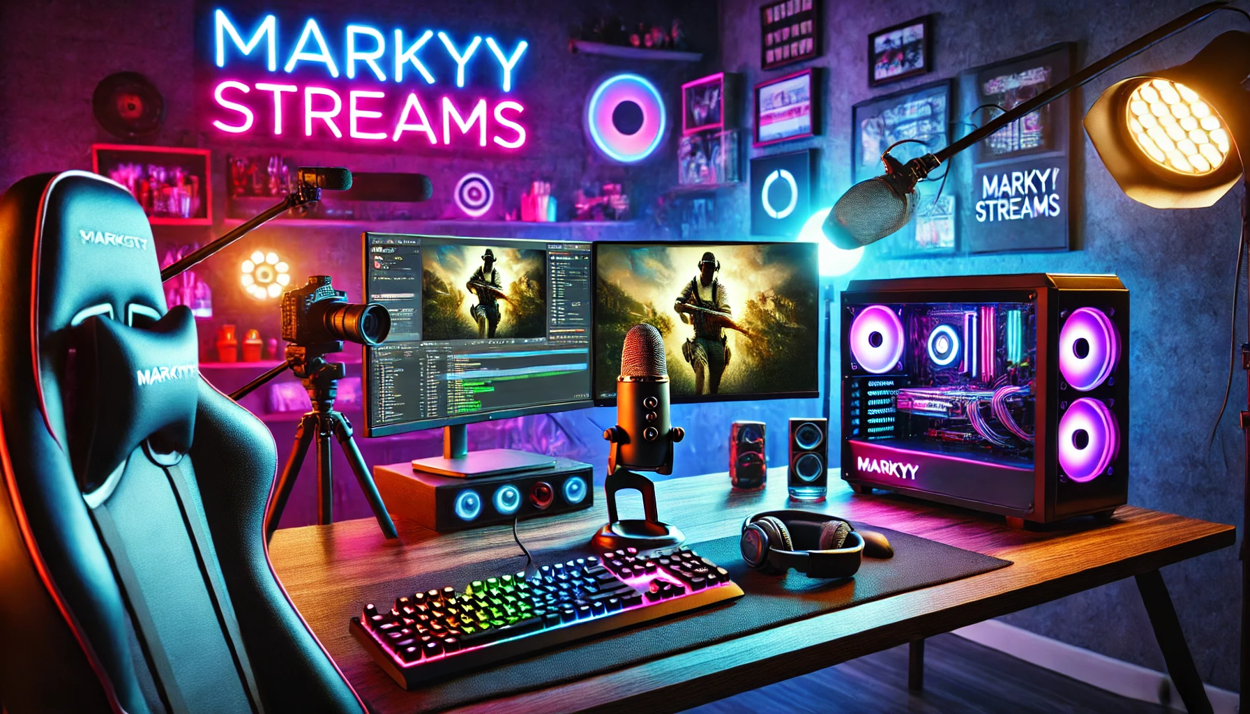 A streamer setup featuring Markyystreams branding, including gaming equipment and a live streaming screen.