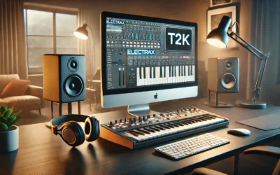 A modern music producer's workspace featuring the ElectraX software interface on a computer screen, with a T2K key file displayed, surrounded by professional studio equipment such as a MIDI keyboard, headphones, and speakers in a well-lit and organized studio setting.