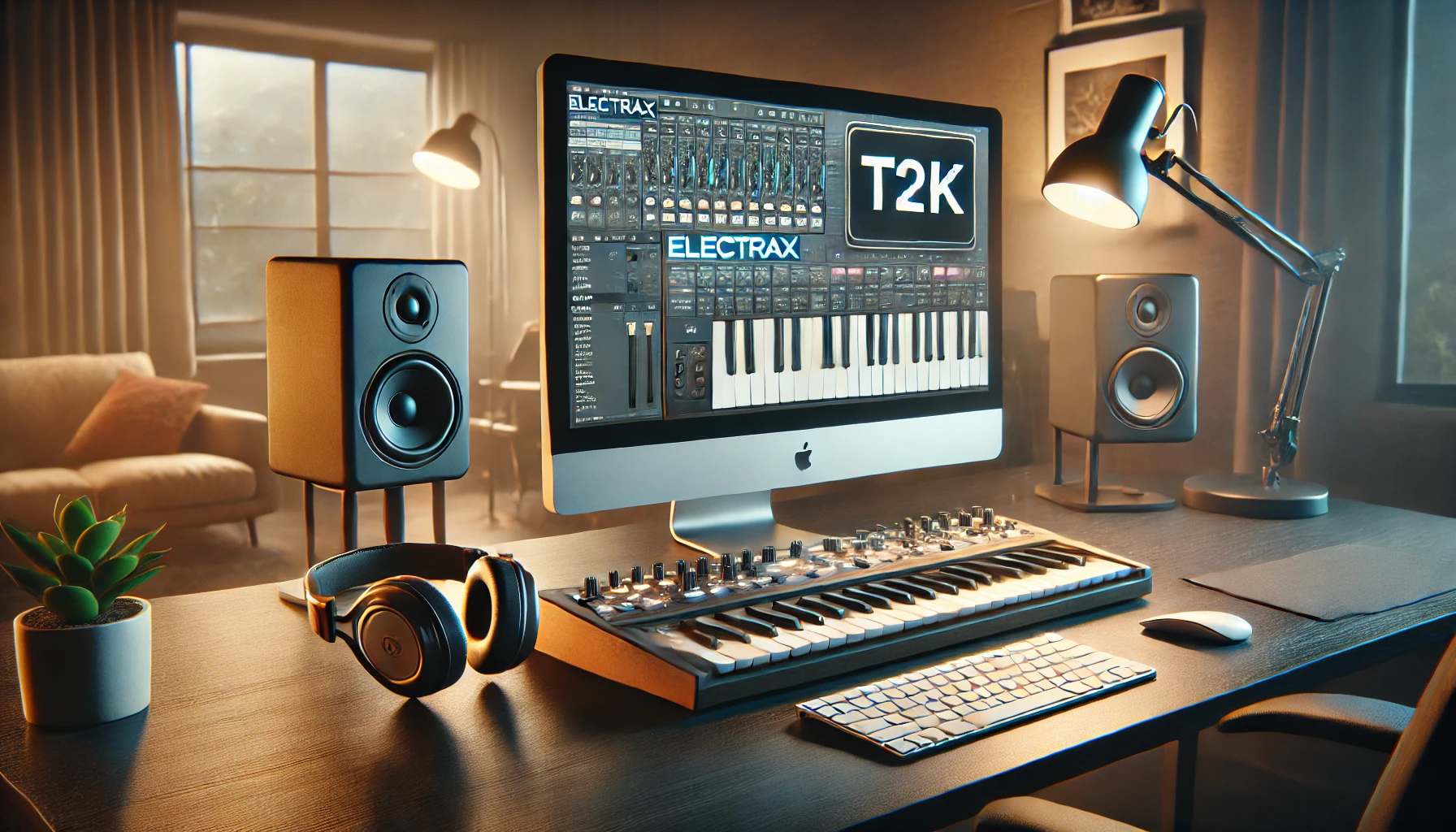 A modern music producer's workspace featuring the ElectraX software interface on a computer screen, with a T2K key file displayed, surrounded by professional studio equipment such as a MIDI keyboard, headphones, and speakers in a well-lit and organized studio setting.