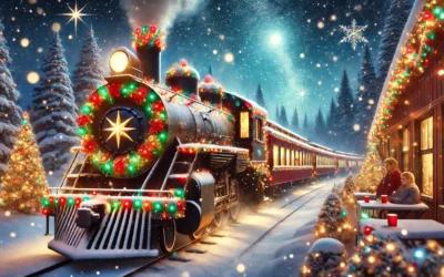 A festive train decorated with lights, snow falling gently, passengers enjoying hot cocoa, embodying the spirit of The Christmas Express.