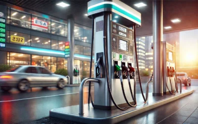 A modern gasoline pump at a busy gas station, featuring digital screens and sleek design.