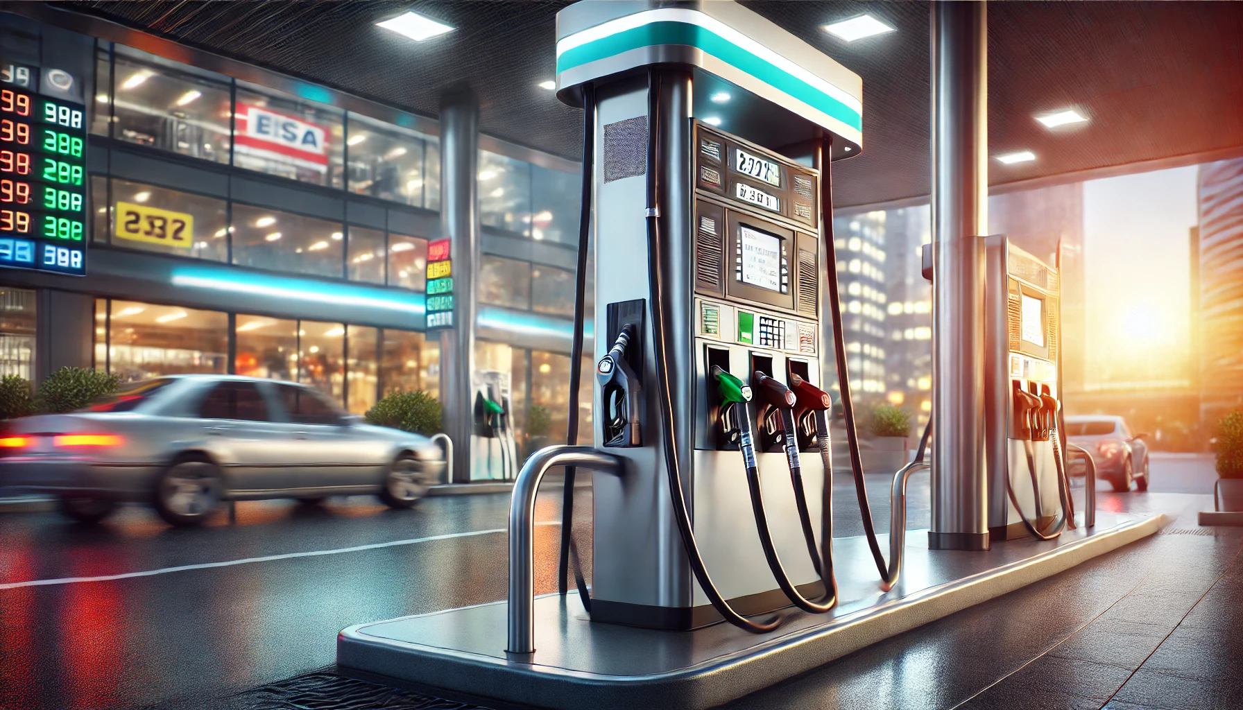 A modern gasoline pump at a busy gas station, featuring digital screens and sleek design.