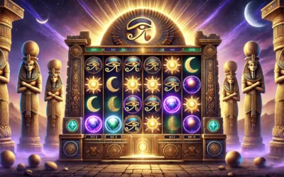 A mystical scene from Wings of Horus showcasing the 5x6 grid with ancient Egyptian symbols and the Orb of the Moon. Wings of Horus