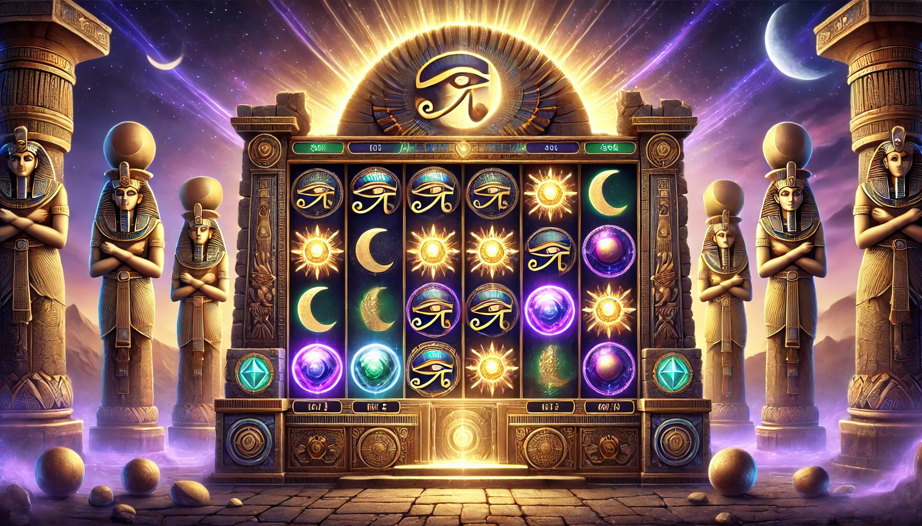 A mystical scene from Wings of Horus showcasing the 5x6 grid with ancient Egyptian symbols and the Orb of the Moon. Wings of Horus