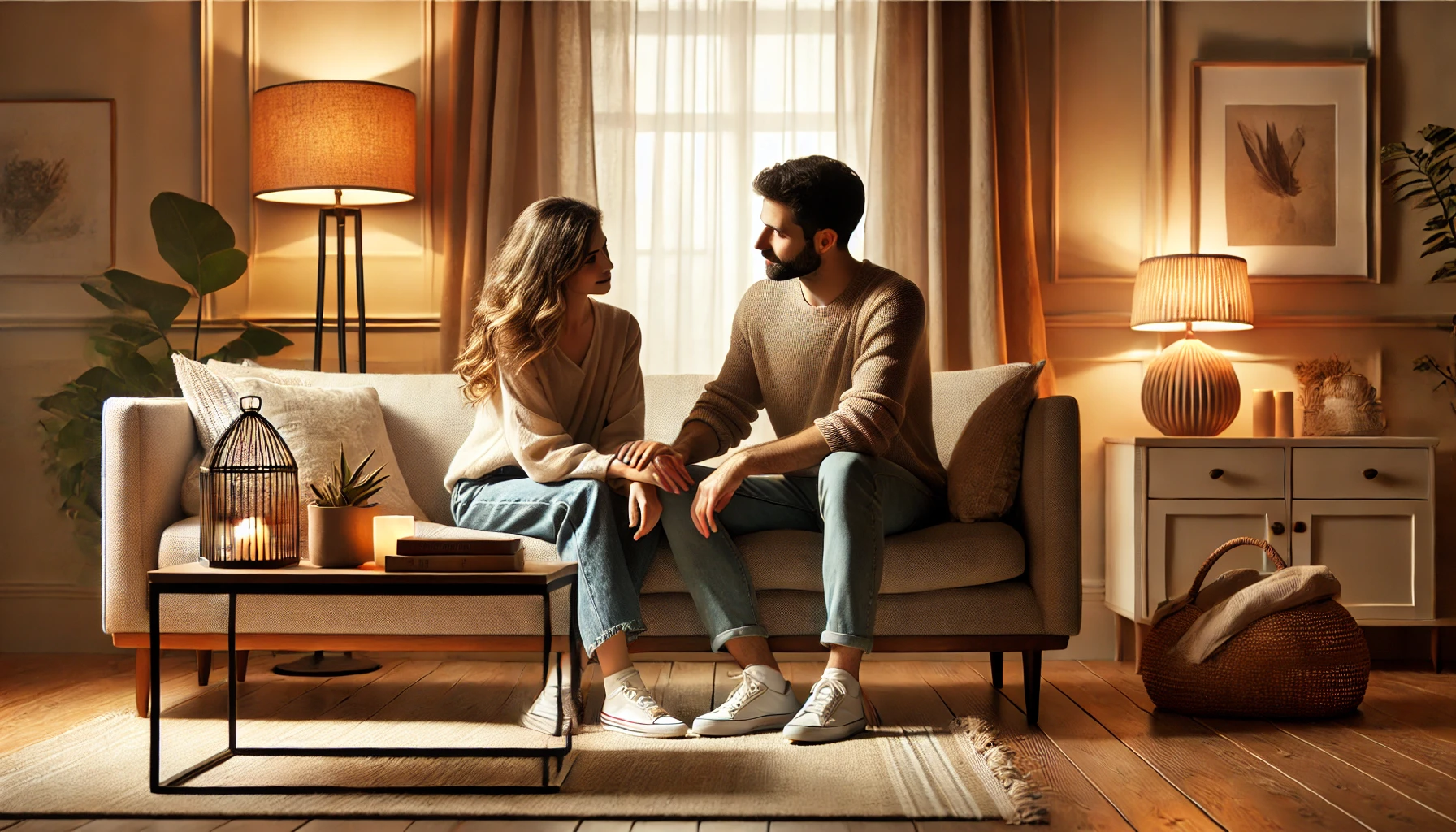 A couple sitting together in a cozy living room, discussing their feelings and resolving issues with mutual understanding. how to get my husband on my side