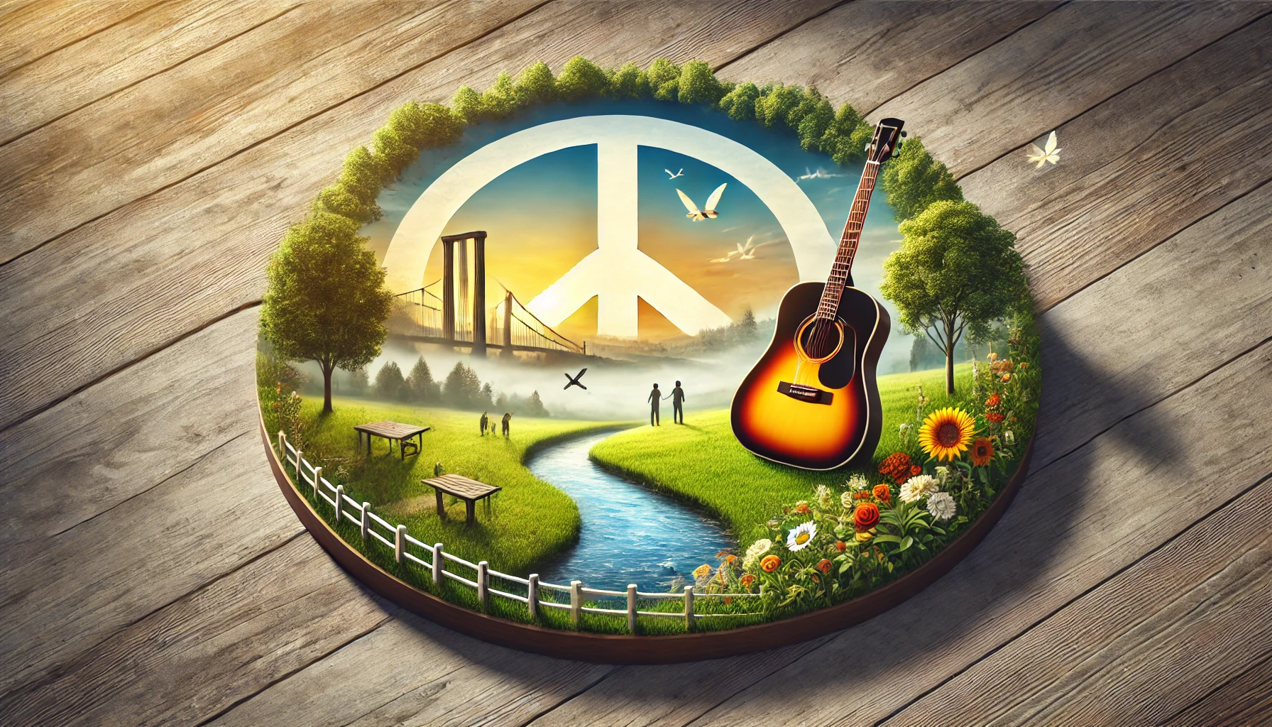 A peaceful park setting with a guitar and a serene atmosphere, symbolizing the creative and harmonious legacy of John Lennon.