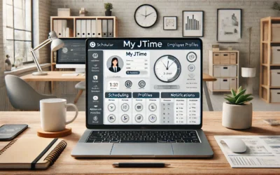 A user accessing " My Jtime " on a laptop, showcasing a clear dashboard with schedules and management tools. My Jtime