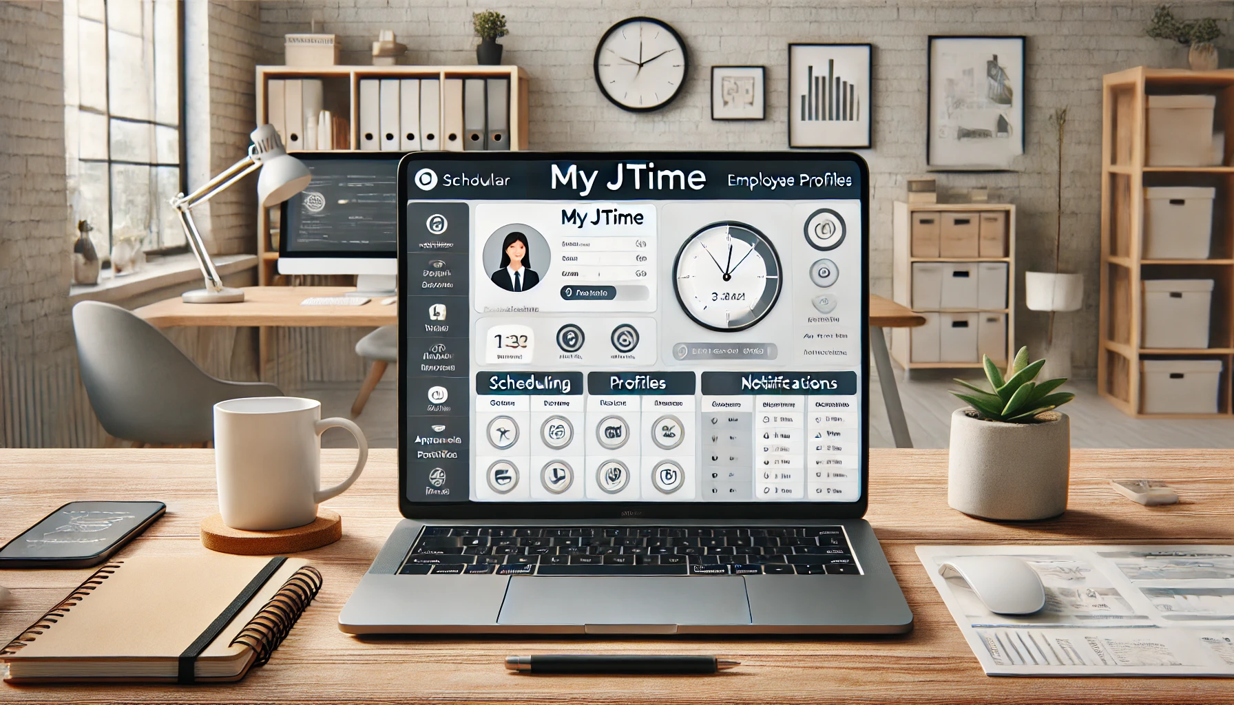 A user accessing " My Jtime " on a laptop, showcasing a clear dashboard with schedules and management tools. My Jtime