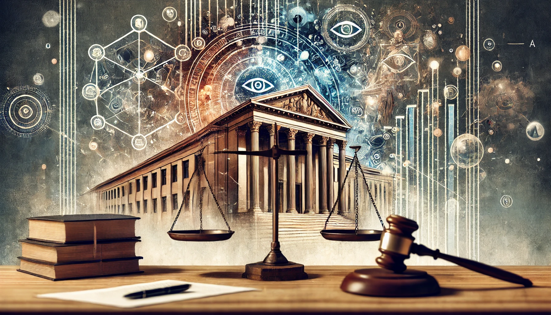 Conceptual illustration of the University of Metaphysical Sciences lawsuit, showing a courtroom and legal elements.