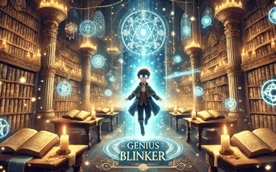 A young genius student in a magical academy, surrounded by glowing mystical symbols and spellbooks in an enchanted library. magic academy genius blinker