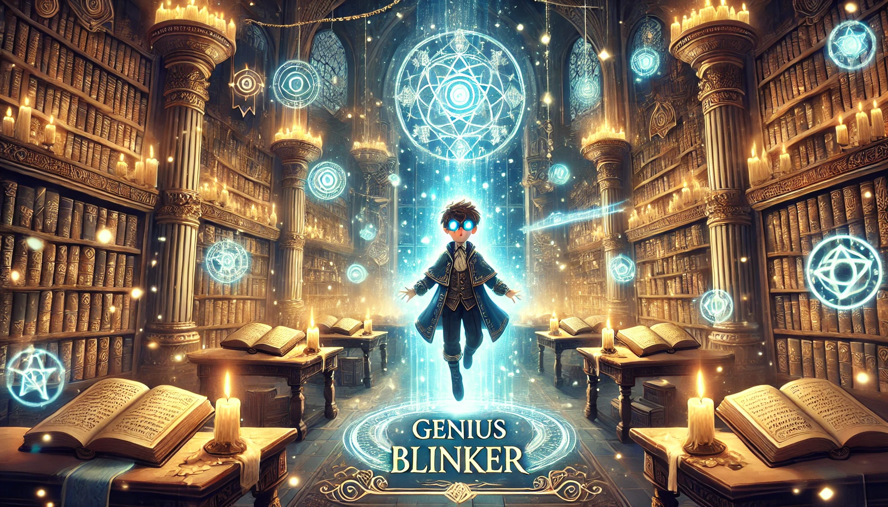 A young genius student in a magical academy, surrounded by glowing mystical symbols and spellbooks in an enchanted library. magic academy genius blinker