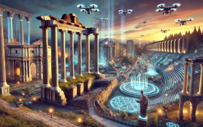 A digital landscape merging ancient Roman architecture with futuristic technology, symbolizing the fusion of history and innovation in the concept of Kekius Maximus.