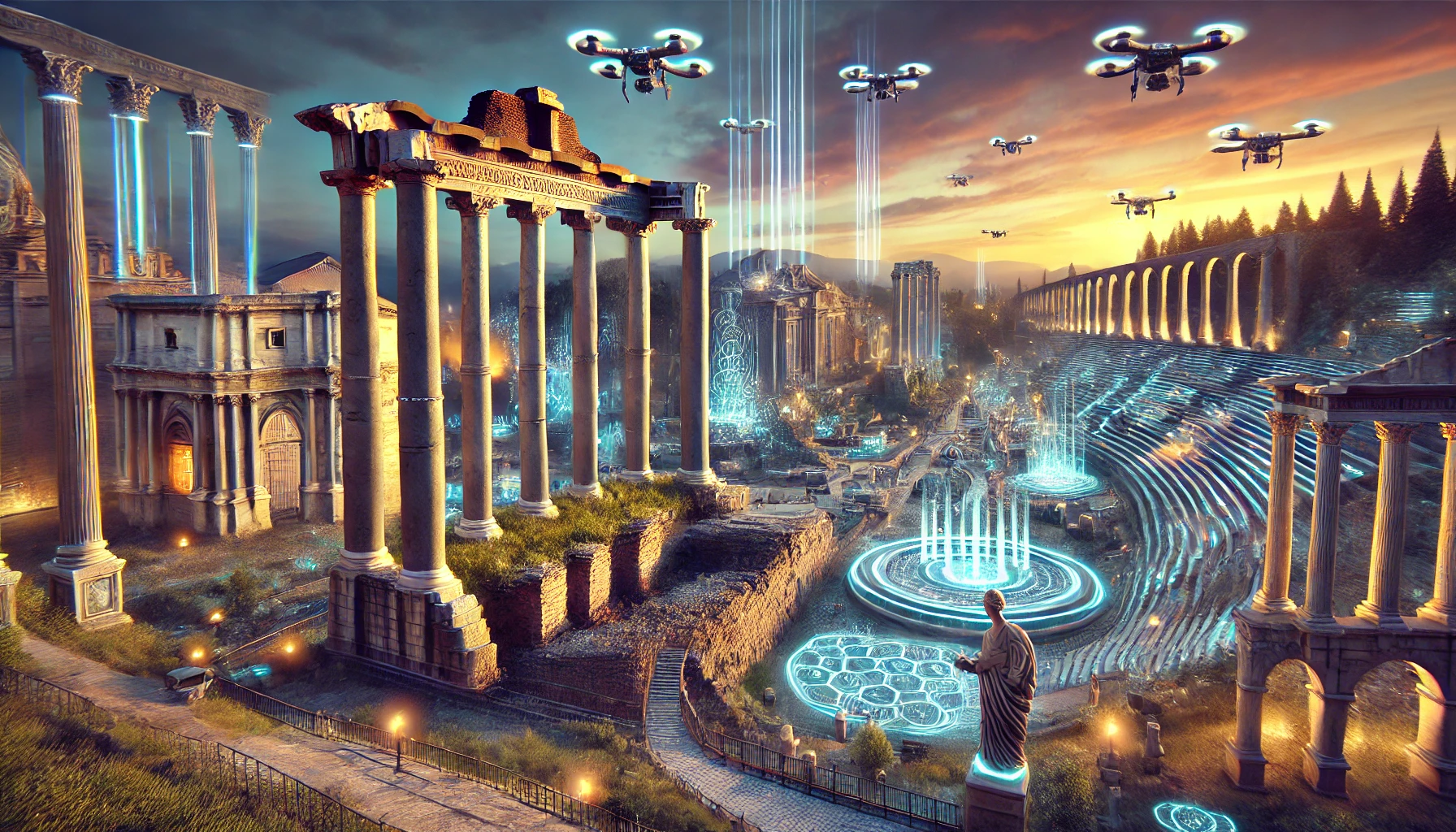 A digital landscape merging ancient Roman architecture with futuristic technology, symbolizing the fusion of history and innovation in the concept of Kekius Maximus.