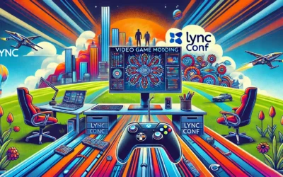 Creative depiction of video game modding with futuristic elements and a Lync Conf setup in the background. game mods lync conf