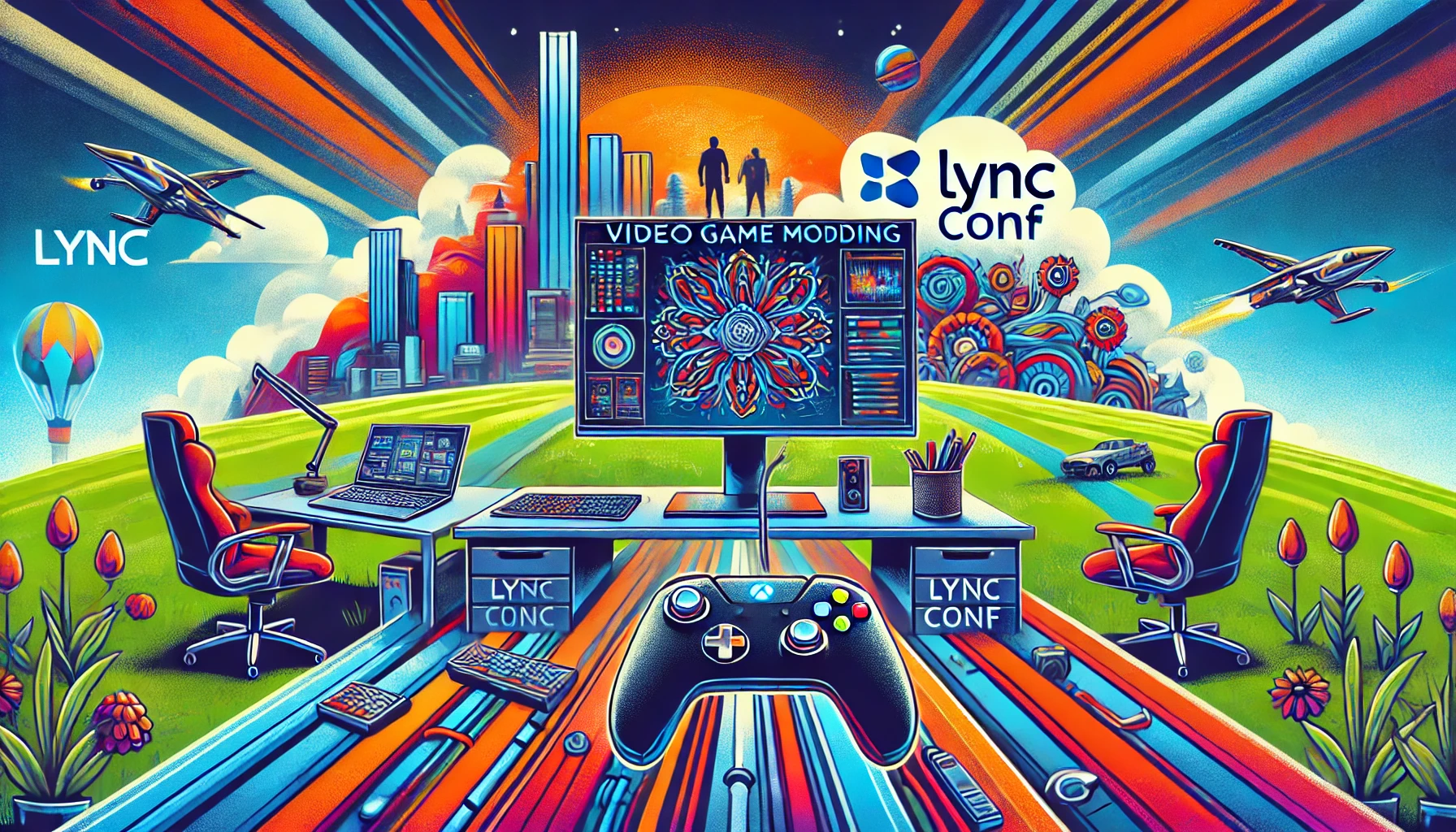 Creative depiction of video game modding with futuristic elements and a Lync Conf setup in the background. game mods lync conf