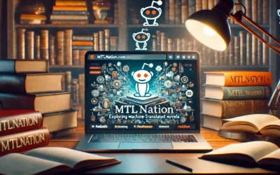 A cozy reading workspace with a laptop displaying the Mtlnation website, surrounded by books and soft lighting. The image reflects a mix of traditional and digital reading culture, with a subtle Reddit icon on the screen to symbolize community discussions about machine-translated novels.