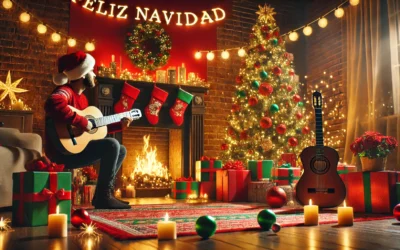 A festive holiday scene with a decorated Christmas tree, twinkling lights, a cozy fireplace, and a guitarist joyfully playing music. Bright red and green decorations enhance the celebratory atmosphere. Feliz Navidad