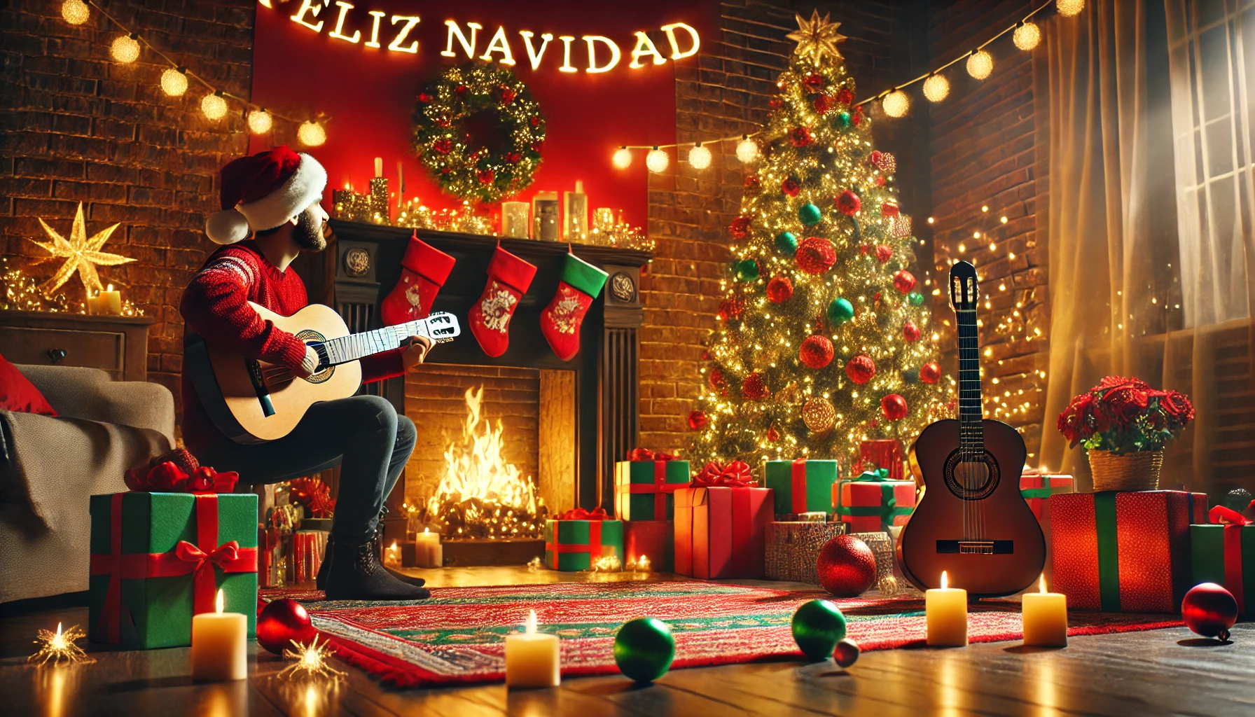 A festive holiday scene with a decorated Christmas tree, twinkling lights, a cozy fireplace, and a guitarist joyfully playing music. Bright red and green decorations enhance the celebratory atmosphere. Feliz Navidad