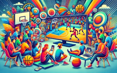 A vibrant digital illustration of people watching an NBA game on multiple devices via Reddit streams.