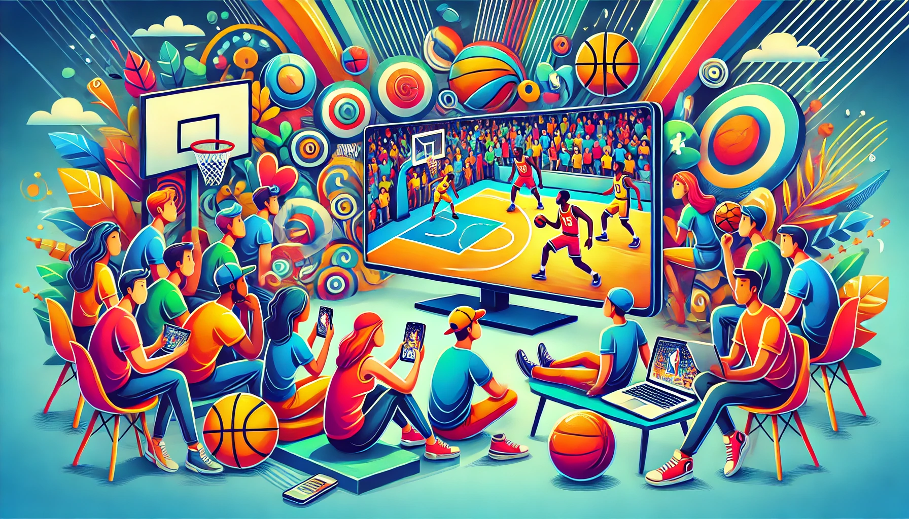 A vibrant digital illustration of people watching an NBA game on multiple devices via Reddit streams.