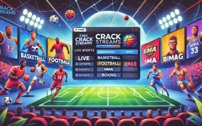 A dynamic illustration showing a user interface for crack streams with various sports options and a streaming player.