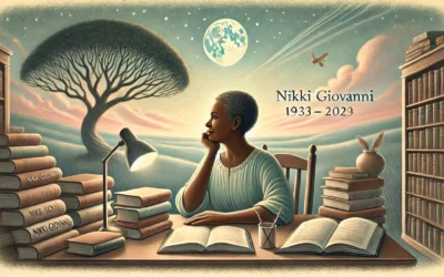 A tribute to Nikki Giovanni surrounded by books, symbolizing legacy, wisdom, and poetic contributions.