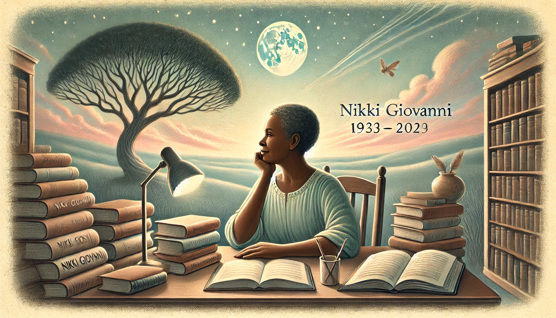 A tribute to Nikki Giovanni surrounded by books, symbolizing legacy, wisdom, and poetic contributions.