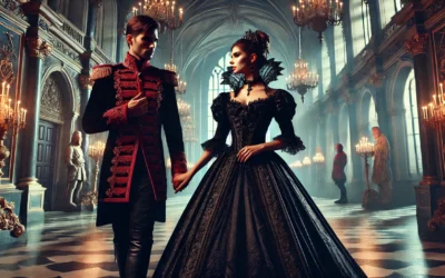 A dramatic scene of a grand duke and a villainess in an ornate hall, locked in a tense yet romantic encounter. The Villainess Captured the Grand Duke