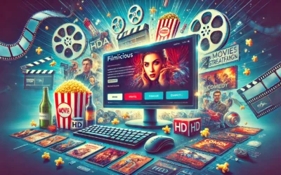 A visually engaging interface of Filmlicious, showcasing HD movie streaming with a user-friendly design, thumbnails of various genres, and a cinematic-themed background featuring film