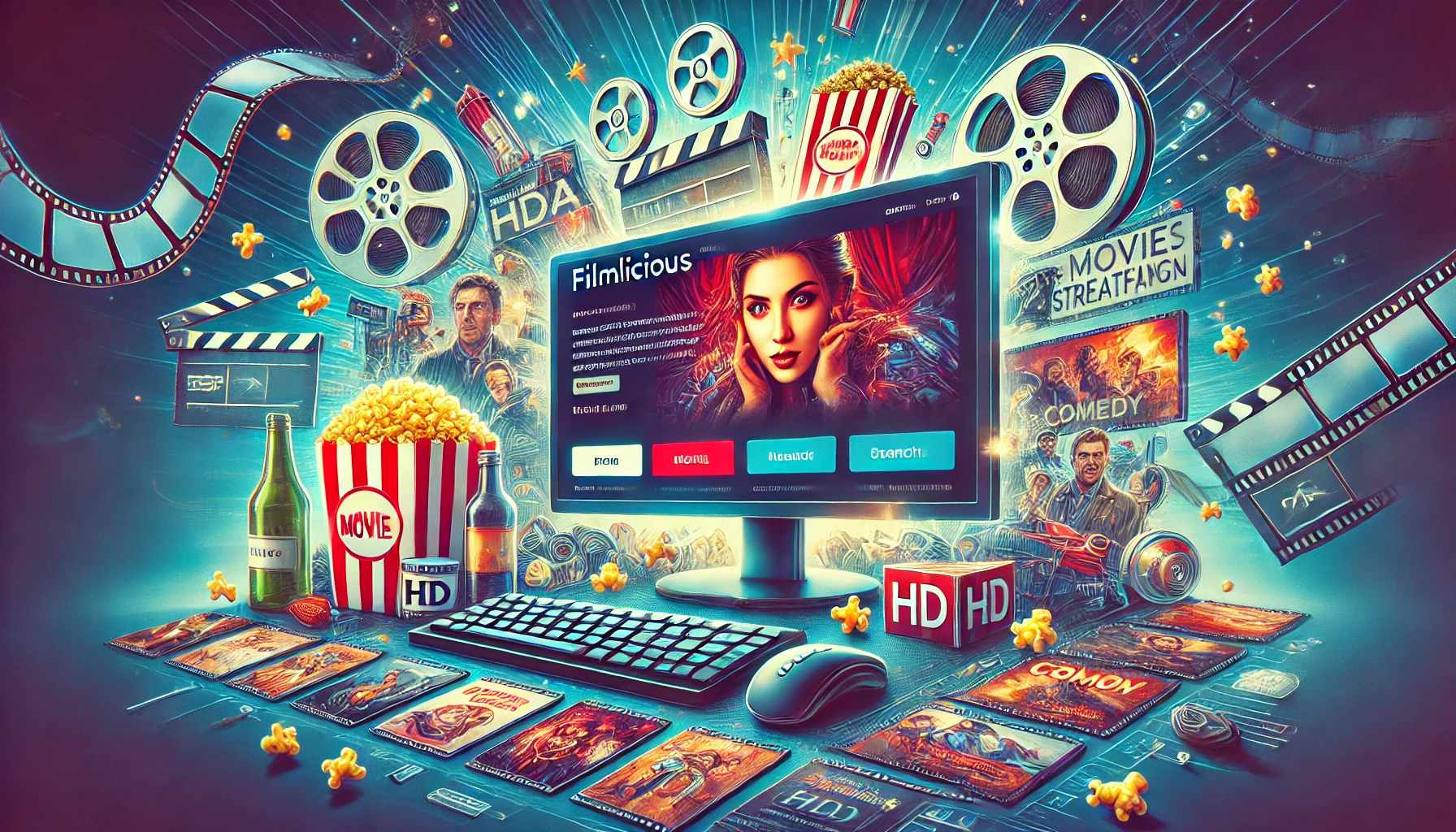 A visually engaging interface of Filmlicious, showcasing HD movie streaming with a user-friendly design, thumbnails of various genres, and a cinematic-themed background featuring film